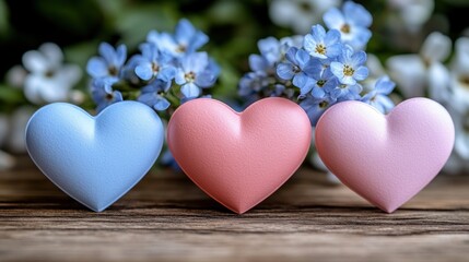 Three pastel hearts on wood with forget-me-nots.