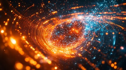Obraz premium A cyber brain fused with a quantum computing system, glowing neural circuits radiating vibrant energy, dynamic light trails connecting the two systems,