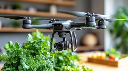 Drone with camera hovering over kitchen table with fresh produce.