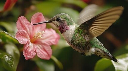Hummingbird in flight, feeding on a pink flower.