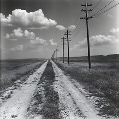 Country Road, Power Lines, Clouds, Prairie