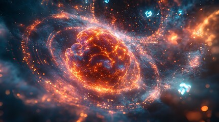 Fototapeta premium A cyber brain grid glowing with interconnected neural pathways, vibrant quantum chips integrated into the structure, surrounded by swirling holographic overlays and luminous cosmic energy,