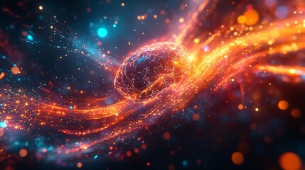 Obraz premium A cyber brain processing radiant data streams linked to a quantum computing core, glowing neural circuits pulsating with vibrant energy,