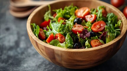 Fresh Salad in Wooden Bowl