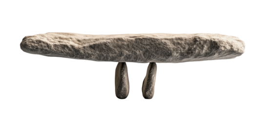 Big long stone placed on two small stones, balance, stone table, isolated on white background