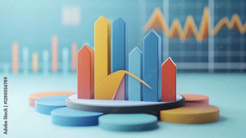 Poster colorful 3d bar graph representing data analysis on a blurred background with charts