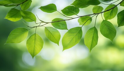Obraz premium Lush Green Leaves on Branch Detail with Bokeh Background in Natural Light