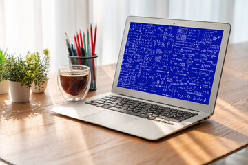 Mathematic equations and modish formula on computer screen showing concept of science and education