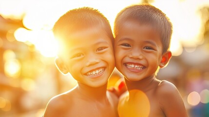 Happy Children Sunset Golden Hour Embrace