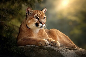 Obraz premium A majestic mountain lion resting peacefully on a rock in nature.