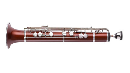 Rich wooden clarinet musical instrument in front of green backdrop. a