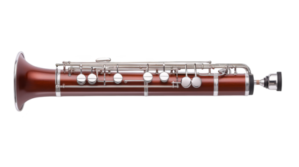 Rich wooden clarinet musical instrument in front of green backdrop. a