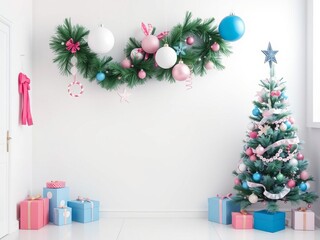 Christmas tree adorned with blue and pink ornaments in a white room, exuding a festive and joyful atmosphere, fun, white room, celebration