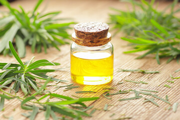 Tea tree essential oil or extract  on wooden rustic background with fresh leaves nearby, copy space, natural medicine,  natural hair and skin treatment, aromatherapy concept