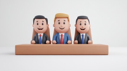 Three cartoon businessmen collaborating at a simple wooden table, symbolizing unity, teamwork, and partnership in business