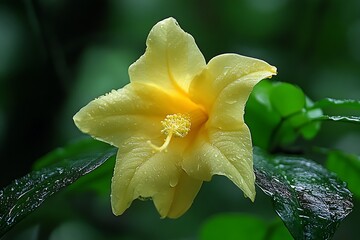 Fototapeta premium Yellow flower, jungle, close-up, rain drops