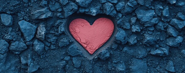 Obraz premium A red heart shape is embedded in a dark, rocky surface, symbolizing love and resilience amid harsh surroundings.