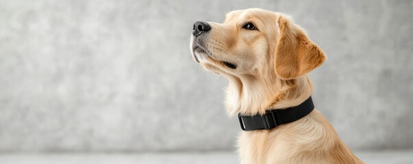 A golden retriever sits gracefully against a neutral background, showcasing its calm demeanor and attentive expression.