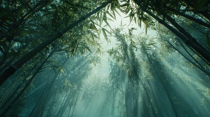 Obraz premium Sunbeams pierce through a dense bamboo forest, creating a mystical atmosphere.