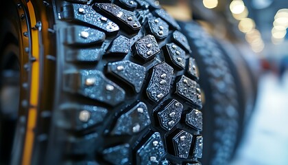 Closeup studded winter tire in showroom