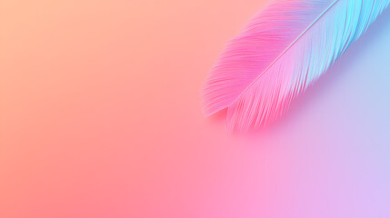 A colorful feather against a soft gradient background, blending pink and blue tones, creating a serene and artistic effect.