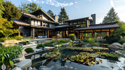 Obraz premium Exquisite architectural design featuring a modern home and tranquil pond