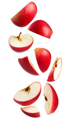 flying red apple slices isolated on transparent white background, clipping path