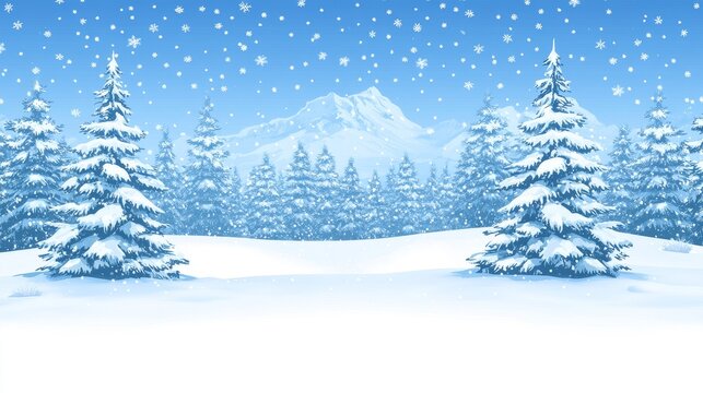 Pixelated winter wonderland a nostalgic 8-bit christmas scene with falling snow and frosted pine trees against a backdrop of snowy mountains