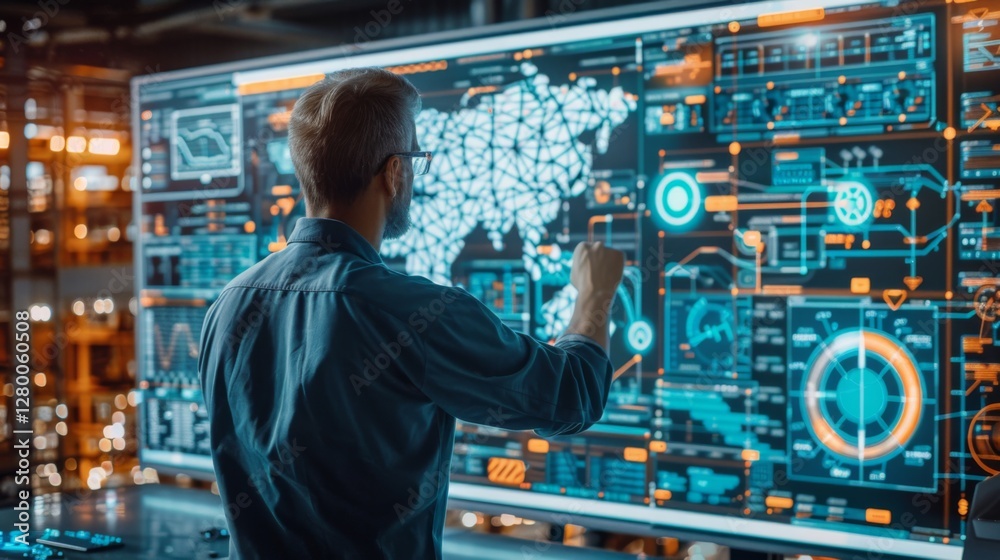 Poster A professional monitors and interacts with a high tech digital interface showing various data points and maps, surrounded by glowing screens in a darkened control center.
