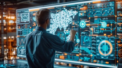 A professional monitors and interacts with a high tech digital interface showing various data points and maps, surrounded by glowing screens in a darkened control center.