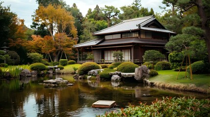 Fototapeta premium Serene japanese garden with traditional house reflected in pond