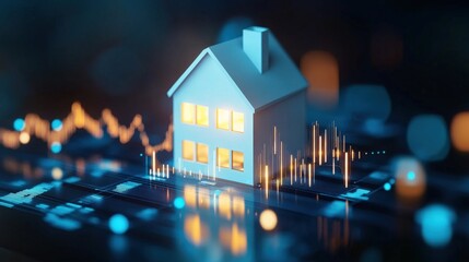 A miniature house model illuminated against a digital backdrop of fluctuating graphs and data