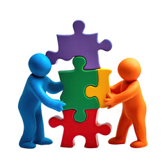 Colorful 3D Characters Assembling Puzzle Pieces Together, isolated on transparent background