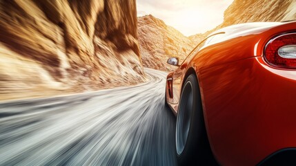 Drag racing car speeding through a winding canyon road. Featuring thrill and adventure