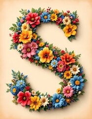 letter, S, floral, flowers, vibrant, colorful, artistic, elegant, design, organic, natural, red, yellow, pink, blue, white, blooms, green, leaves, accents, beige, background, soft, texture, warm, 