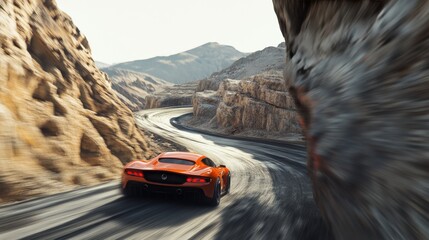 Drag racing car speeding through a winding canyon road. Featuring thrill and adventure