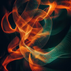 Fototapeta premium Swirling neon lines in orange and emerald form abstract ribbon-like patterns, casting soft glows on a dark backdrop.