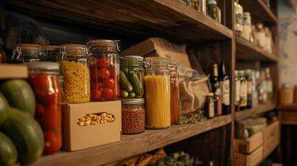 Cozy pantry shelf with jars of pasta and vegetables displayed neatly in a rustic setting