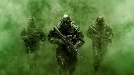 Fototapeta premium Three Soldiers Advance Through Green Smoke
