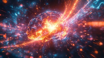 Obraz premium A glowing cyber brain, neural pathways entangled with radiant quantum particles, surrounded by dynamic holographic light waves and shimmering energy trails,