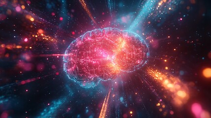 Obraz premium A glowing cyber brain showcasing intricate quantum circuits, dynamic light beams and holographic waves enhancing the depth, surrounded by vibrant cosmic fog and shimmering particle effects,