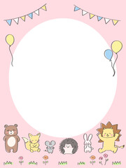 かわいい手描きの動物フレーム　縦型　ピンク