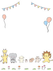 かわいい動物たちのお祝いフレーム　縦型　キツネ　ぞう　犬　ハムスター　ライオン　ねこ　リス