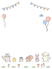 かわいい動物たちのお祝いフレーム　縦型　ねこ　ひよこ　ハムスター　リス　うさぎ　犬