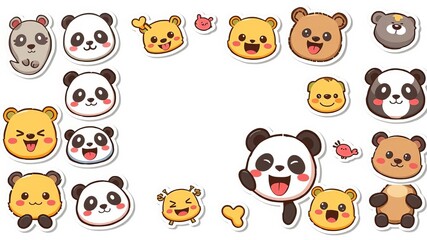 Fototapeta premium Cute panda stickers and patches featuring happy pandas, cool animals, winked panda sticker, bear emotions, kawaii characters, emoji, and doodles, icons, patches, emoji