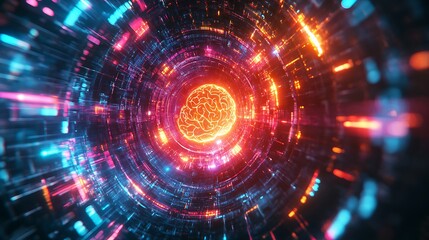 Fototapeta premium A glowing cybernetic brain surrounded by radiant quantum energy rings, intricate neural pathways illuminated with vibrant neon colors, dynamic energy waves pulsating outward,
