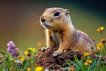 Fototapeta premium A curious ground squirrel perched on a mound, surrounded by colorful flowers.