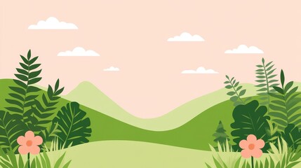 Delightful pixelated spring landscape with blooming flowers and rolling mountains for background vector art and illustration scene