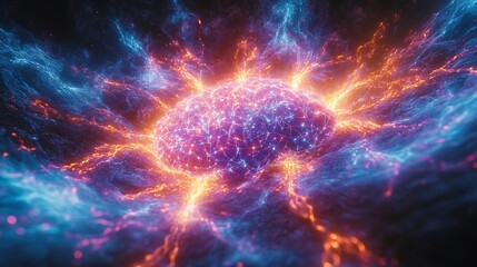 A glowing cybernetic brain with neurons firing in vibrant cascades, surrounded by swirling quantum-entangled particles, dynamic light beams radiating outward,