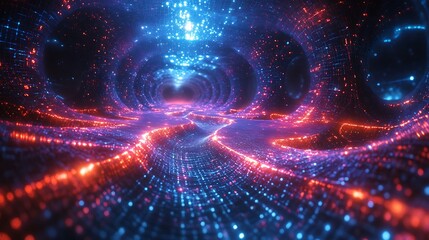 Obraz premium A glowing grid of neural pathways intricately connected to quantum chips, dynamic beams of energy radiating through the network, surrounded by ethereal holographic patterns and cosmic particles,